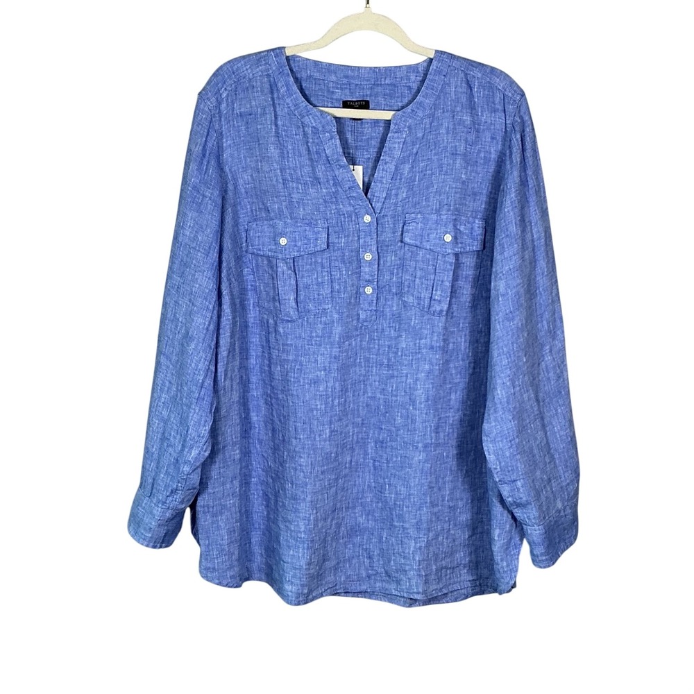Talbots Plus 2X Blue Linen Split Neck Roll Tab Sleeve Tunic Blouse NWT